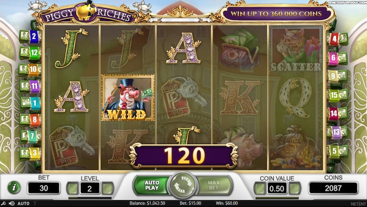Piggy Riches gameplay mostrando interface e símbolos do slot NetEnt