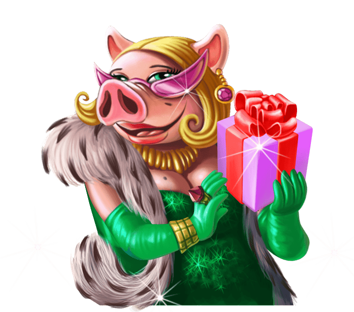 Símbolo Scatter do Piggy Riches — Lady Piggy Riches com joias e vestido elegante